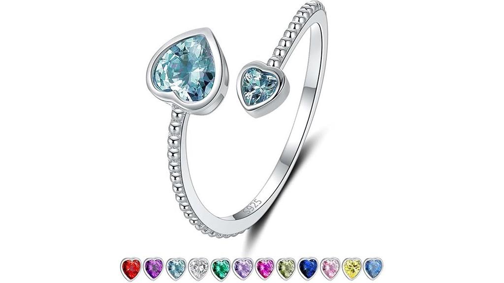 silver heart birthstone ring