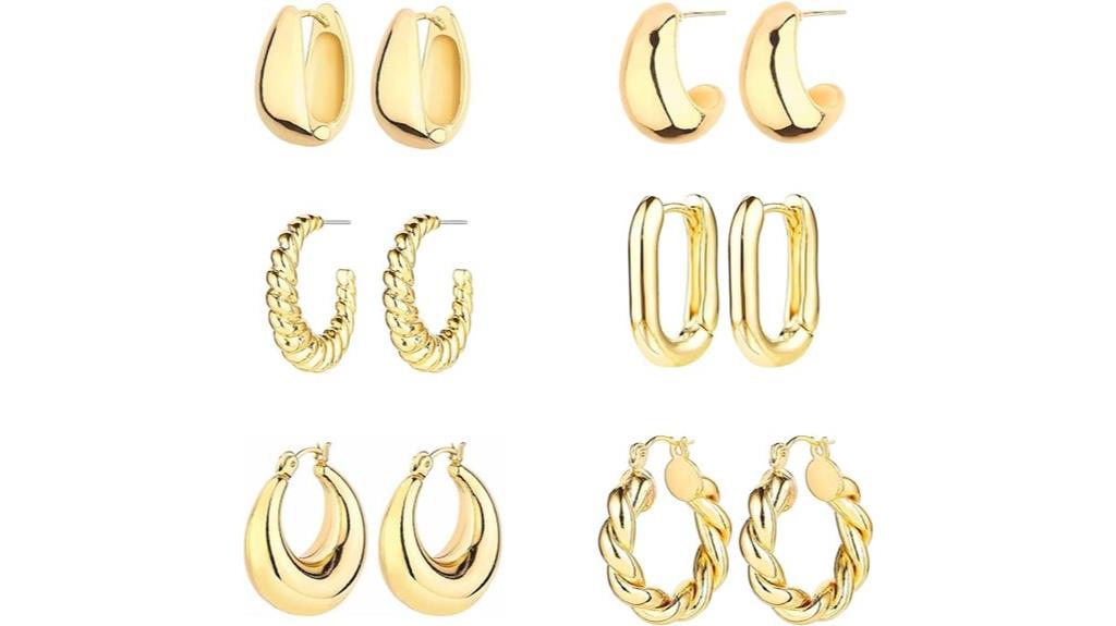 six pair gold hoop earrings