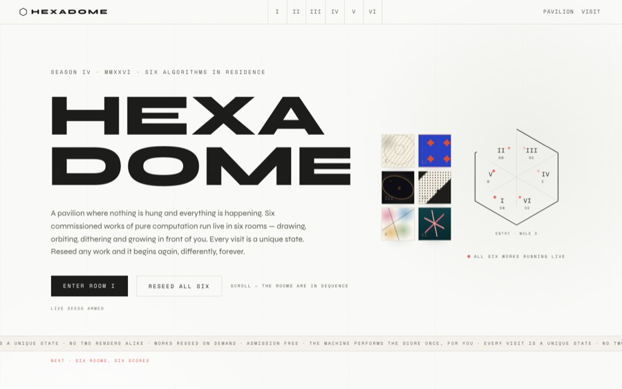 HEXADOME — Pavilion of Six Living Algorithms — Seeded Canvas Generative Art