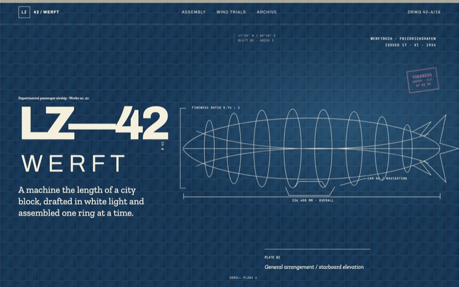 LZ-42 Werft — Cyanotype Airship Works — Scroll-Driven Animation (FABLE/175, room 42)