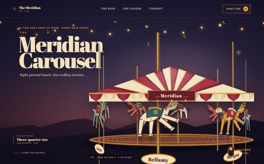 The Meridian Carousel — After Dusk, Since 1908 — CSS 3D Carousel (FABLE/175, room 59)